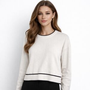 Calvin Klein White Crewneck Sweater with Black Trim 100% Cotton Sz Large
